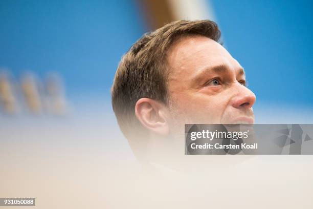 Christian Lindner of the German Free Democrats political party speaks to the media prior to this afternoon's signing of the coalition contract by the...