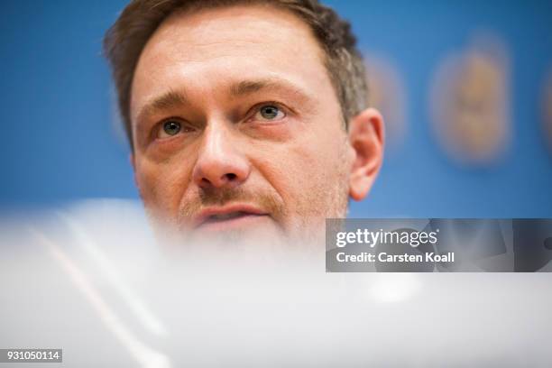 Christian Lindner of the German Free Democrats political party speaks to the media prior to this afternoon's signing of the coalition contract by the...