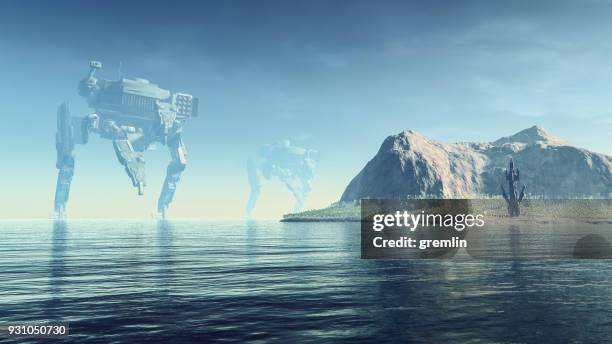 giant robots attack on exo planet mining outpost - conflict islands stock pictures, royalty-free photos & images