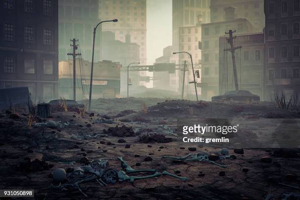 post-apokalypse zerstörte stadtstraße - konflikt stock-fotos und bilder