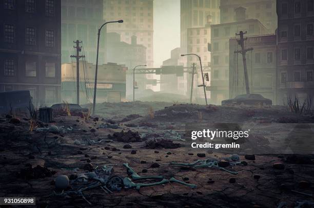 calle de la ciudad destruida de post apocalipsis - conflict fotografías e imágenes de stock