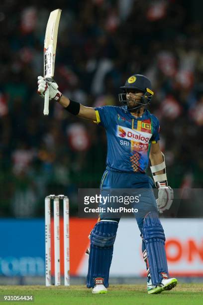 Sri Lankan cricketer Kusal Mendis after scoring 50 runs during the 4th Twenty-20 cricket match of NIDAHAS Trophy between Sri Lanka and India at R...