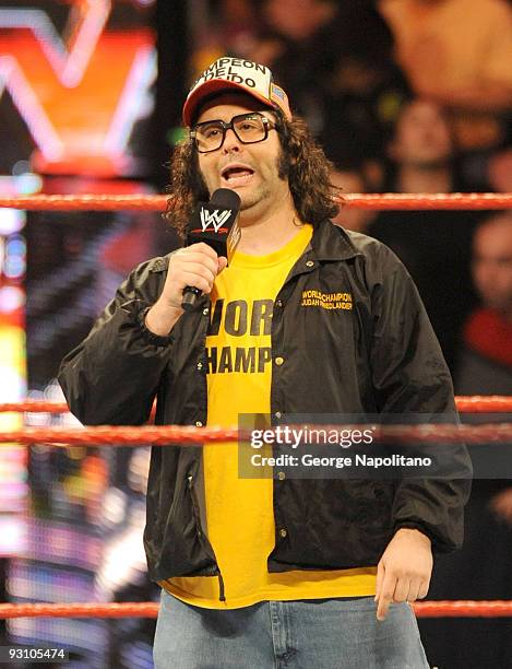 Actor and comedian Judah Friedlander is the guest announcer at WWE Monday Night Raw at Madison Square Garden on November 16, 2009 in New York City.