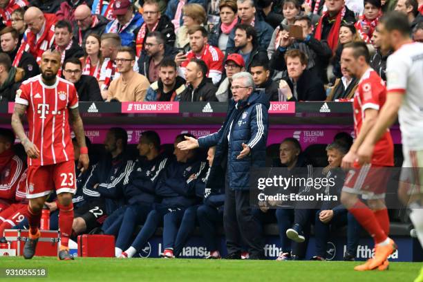 Bayern Munich head coach Jupp Heynckes reacts during the Bundesliga match between FC Bayern Muenchen and Hamburger SV at Allianz Arena on March 10,...