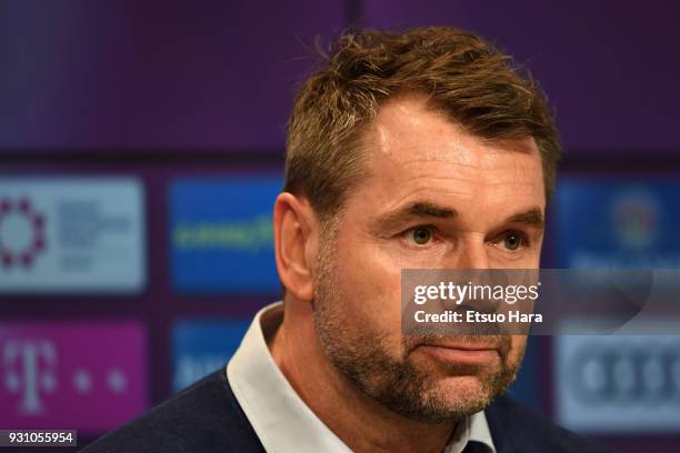 Hamburger SV head coach Bernd Hollerbach attends a press conference after the Bundesliga match between FC Bayern Muenchen and Hamburger SV at Allianz...