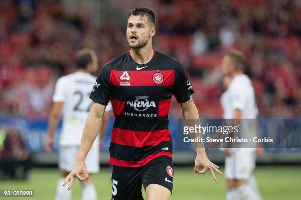 Brendan Hamill of the Wanderers celebrates scoring his second goal and the teams third goal during the round 22 A-League match between the Western...