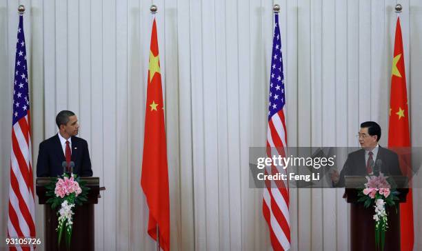 President Barack Obama and Chinese President Hu Jintao attend a press conference at the Great Hall of People on November 17, 2009 in Beijing, China....