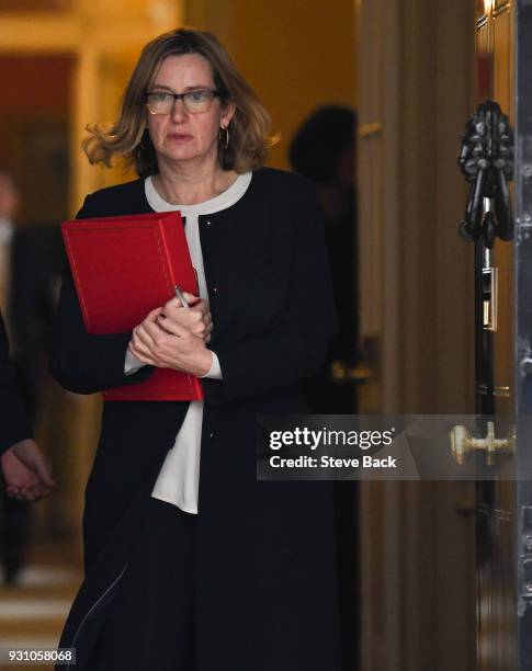 Home Secretary Amber Rudd Leaves Downing Street after a National Security Council meeting on March 12, 2018 in London, England. British Prime...