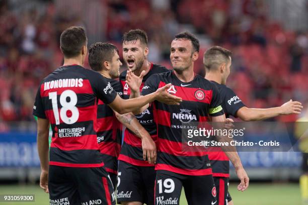 Christopher Ikonomidis of the Wanderers celebrates scoring a goal during the round 22 A-League match between the Western Sydney Wanderers and the...
