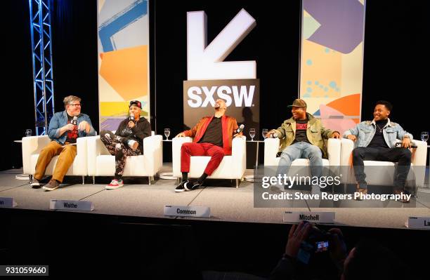 Jim Halterman, Lena Waithe, Common, Jason Mitchell and Jacob Latimore speak onstage at Featured Session: The Chi during SXSW at Austin Convention...