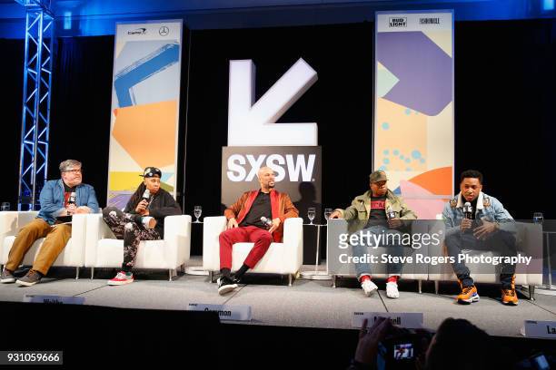 Jim Halterman, Lena Waithe, Common, Jason Mitchell and Jacob Latimore speak onstage at Featured Session: The Chi during SXSW at Austin Convention...