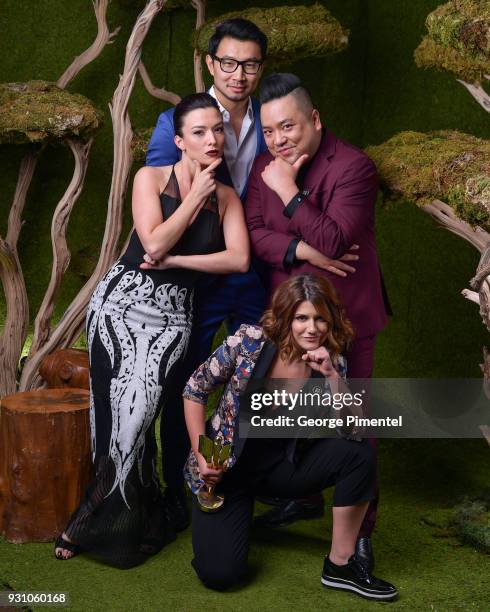 Natasha Negovanlis, Simu Liu, Andrew Phung and Elise Bauman pose in the 2018 Canadian Screen Awards Broadcast Gala - Portrait Studio at Sony Centre...