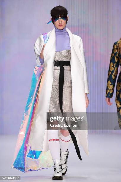 Model walks the runway during the ANASTASIA DOKUCHAEVA fashion show at Mercedes Benz Fashion Week Russia Fall/Winter 2018/19 at Manege on March 12,...