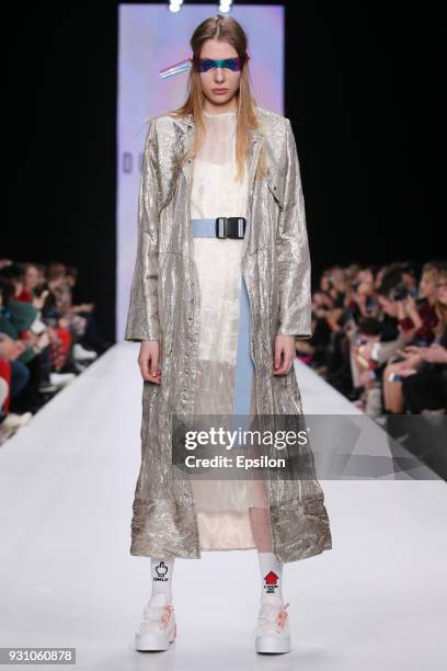 Model walks the runway during the ANASTASIA DOKUCHAEVA fashion show at Mercedes Benz Fashion Week Russia Fall/Winter 2018/19 at Manege on March 12,...