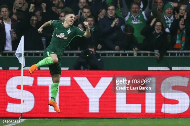 Milot Rashica of Bremen celebrates his team's second goal during the Bundesliga match between SV Werder Bremen and 1. FC Koeln at Weserstadion on...