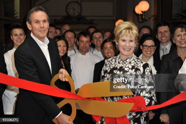 Thomas Keller cuts the ribbon with Beverly Hills Mayor Nancy Krasne and staff at the grand opening of Thomas Keller's Bouchon in Beverly Hills on...