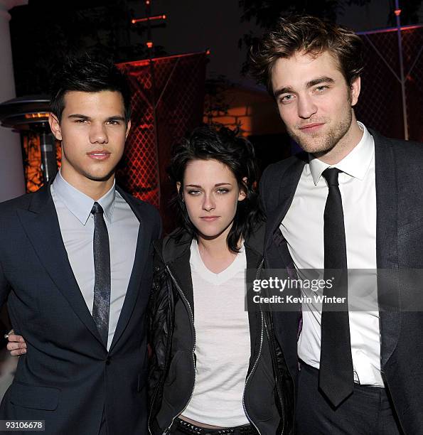 Actors Taylor Lautner, Kristen Stewart and Robert Pattinson arrive at the afterparty for the premiere of Summit Entertainment's "The Twilight Saga:...