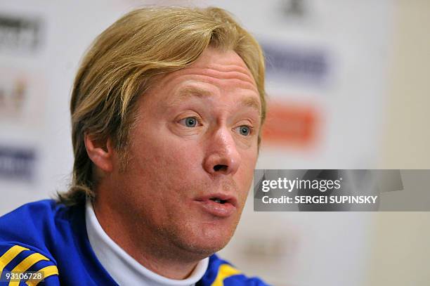 Ukraine's Football National team coach Oleksii Mykhailychenko speaks during a press-conference in Kiev on November 16 before the World Cup 2010...