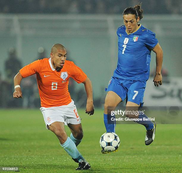 Nigel de Jong of Holland and Mauro German Camoranesi of Italy in action during the International Friendly Match between Italy and Holland at...