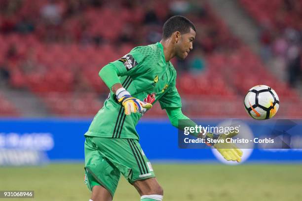 Tando Velaphi of the Phoenix clears the ball during the round 22 A-League match between the Western Sydney Wanderers and the Wellington Phoenix at...