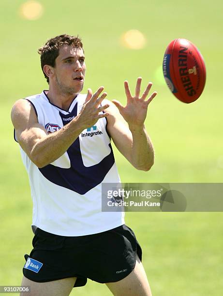 Kyle Hardingham of the East Fremantle Football Club trains with the Dockers during a Fremantle Dockers AFL training session at Fremantle Oval on...