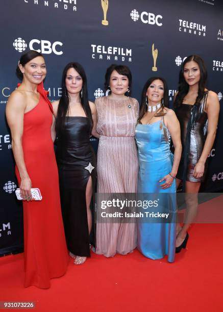 Sarain Fox, Michelle Latimer, Jennifer Podemski, Lisa Meeches and Michaella Shannon arrive at the 2018 Canadian Screen Awards at the Sony Centre for...