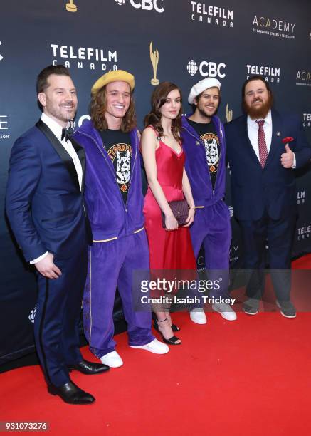 Mark Montefiore, Dylan Playfair, Michelle Mylett, Andrew Herr and K. Trevor Wilson arrive at the 2018 Canadian Screen Awards at the Sony Centre for...