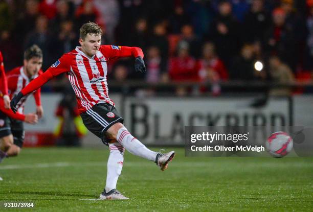 Derry , United Kingdom - 12 March 2018; Ronan Hale of Derry City scores his side's fifth goal during the SSE Airtricity League Premier Division match...