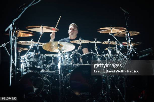 Craig Blundell from Steve Wilson Band performs at L'Olympia on March 12, 2018 in Paris, France.