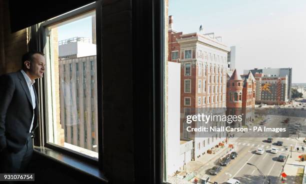 Taoiseach Leo Varadkar looks out of the 7th floor window of the Dallas County Administration Building in Dealey Plaza, downtown Dallas, a floor above...
