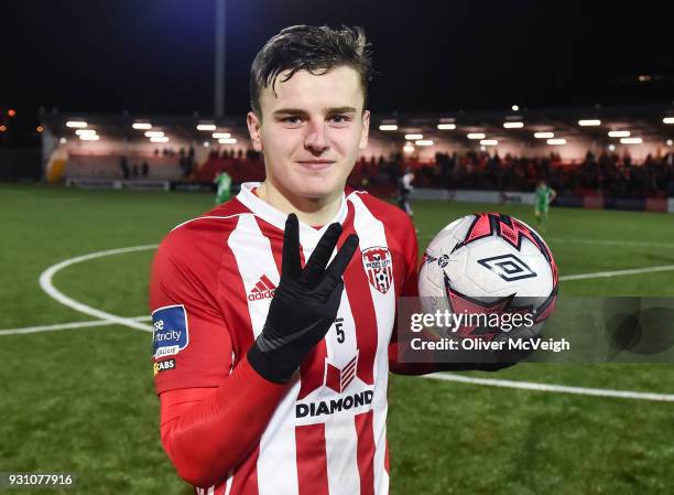 Derry , United Kingdom - 12 March 2018; Ronan Hale of Derry City with the match ball after scoring a hat-trick in the SSE Airtricity League Premier...