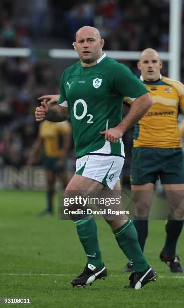 John Hayes of Ireland looks on during the rugby union international match between Ireland and Australia at Croke Park on November 15, 2009 in Dublin,...