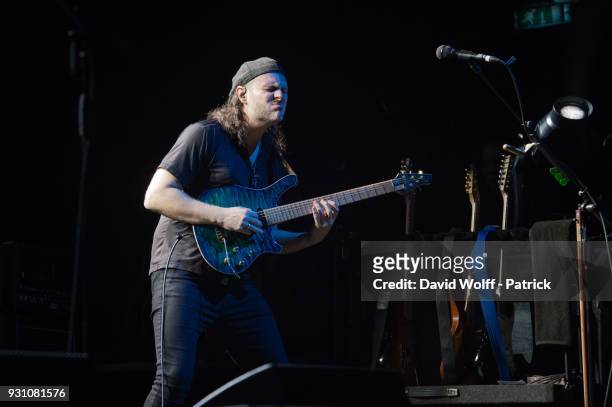 Alex Hutchings from Steven Wilson Band performs at L'Olympia on March 12, 2018 in Paris, France.