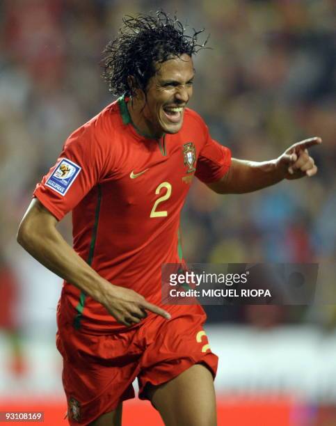 Portugal´s Bruno Alves celebrates after scoring against Bosnia during their play offs football match for the WC2010 at the Luz Stadium in Lisbon, on...