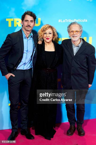 Paco Leon, Carmen Machi and Fernando Colomo attend 'La Tribu' premiere at the Capitol cinema on March 12, 2018 in Madrid, Spain.