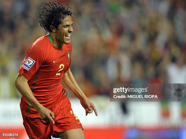 Portugal´s Bruno Alves celebrates after scoring against Bosnia during their play offs football match for the WC2010 at the Luz Stadium in Lisbon, on...