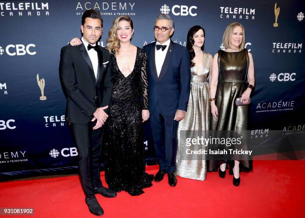 Dan Levy, Annie Murphy, Eugene Levy, Emily Hampshire and Catherine O'Hara arrive at the 2018 Canadian Screen Awards at the Sony Centre for the...