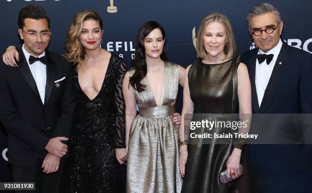 Dan Levy, Annie Murphy, Emily Hampshire, Catherine O'Hara and Eugene Levy arrive at the 2018 Canadian Screen Awards at the Sony Centre for the...