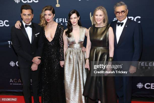 Dan Levy, Annie Murphy, Emily Hampshire, Catherine O'Hara and Eugene Levy arrive at the 2018 Canadian Screen Awards at the Sony Centre for the...