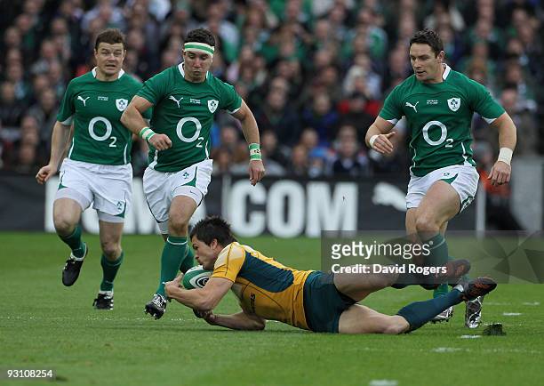 Adam Ashley-Cooper of Australia gathers the loose ball during the rugby union international match between Ireland and Australia at Croke Park on...