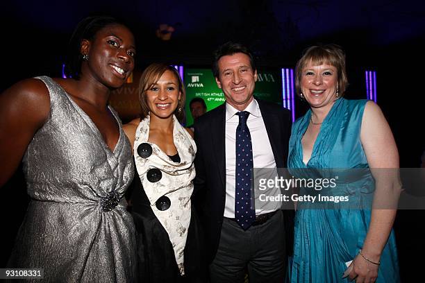 Lord Coe poses with athletes Christine Ohuruogu and Jessica Ennis, and Susan Helmont during the 2009 British Athletics Writers Association Awards at...