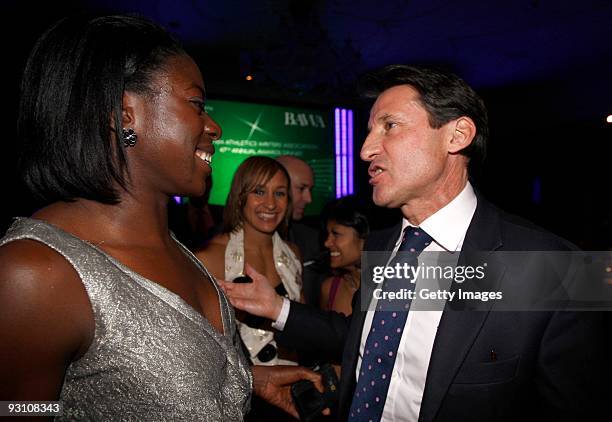 Lord Coe chats with athletes Christine Ohuruogu and Jessica Ennis during the 2009 British Athletics Writers Association Awards at the Marriot...