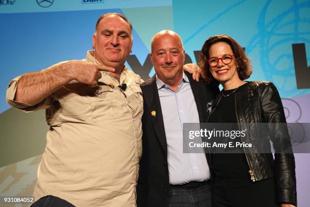 Chef Jose Andres, Andrew Zimmern and Dana Cowin speak onstage at Changing the World Through Food during SXSW at Austin Convention Center on March 12,...