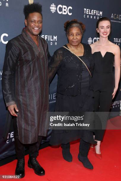 Charles Officer, Ionie Officer and Alice Snaden arrives at the 2018 Canadian Screen Awards at the Sony Centre for the Performing Arts on March 11,...
