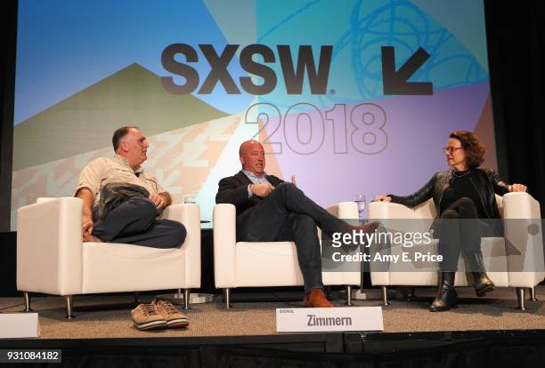Chef Jose Andres, Andrew Zimmern and Dana Cowin speak onstage at Changing the World Through Food during SXSW at Austin Convention Center on March 12,...