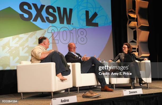 Chef Jose Andres, Andrew Zimmern and Dana Cowin speak onstage at Changing the World Through Food during SXSW at Austin Convention Center on March 12,...