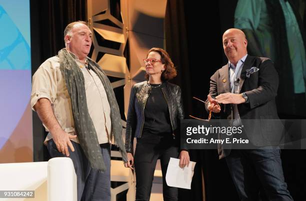Chef Jose Andres and Andrew Zimmern speak onstage at Changing the World Through Food during SXSW at Austin Convention Center on March 12, 2018 in...