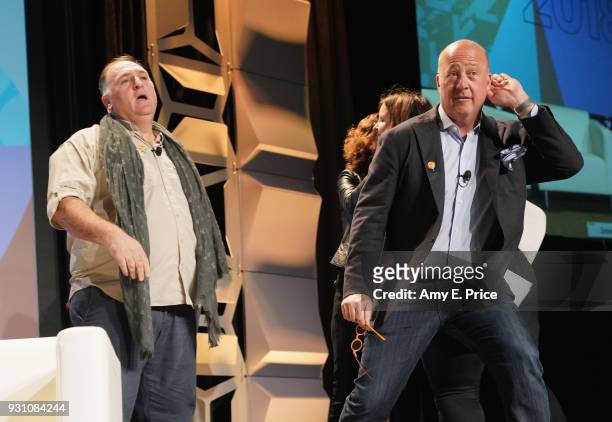 Chef Jose Andres and Andrew Zimmern speak onstage at Changing the World Through Food during SXSW at Austin Convention Center on March 12, 2018 in...