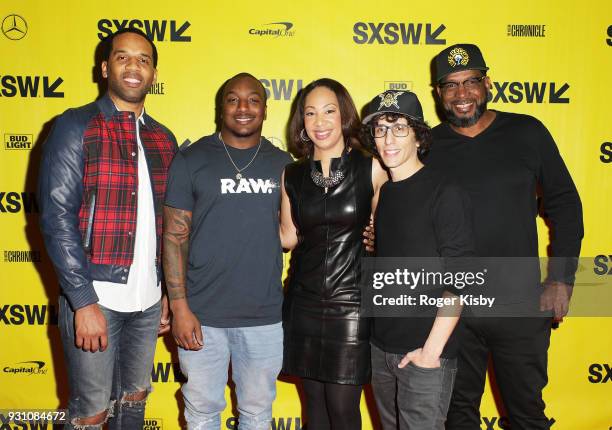 Executive Producer Maverick Carter, Cleveland Browns running back Duke Johnson, moderator Tiffany Greene, creator and showrunner Evan Rosenfeld and...