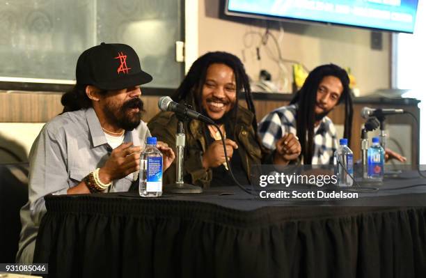 Musicians Damian Marley, Stephen Marley and Julian Marley attend the press conference for the upcoming KAYA FEST at Sunset Marquis Hotel & Villas on...